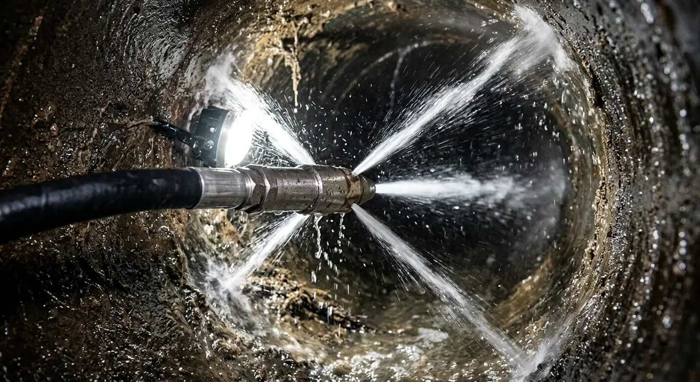 High-pressure hydro jetting nozzle cleaning sewer pipe for Trenchless Sewer Repair in Warrenton