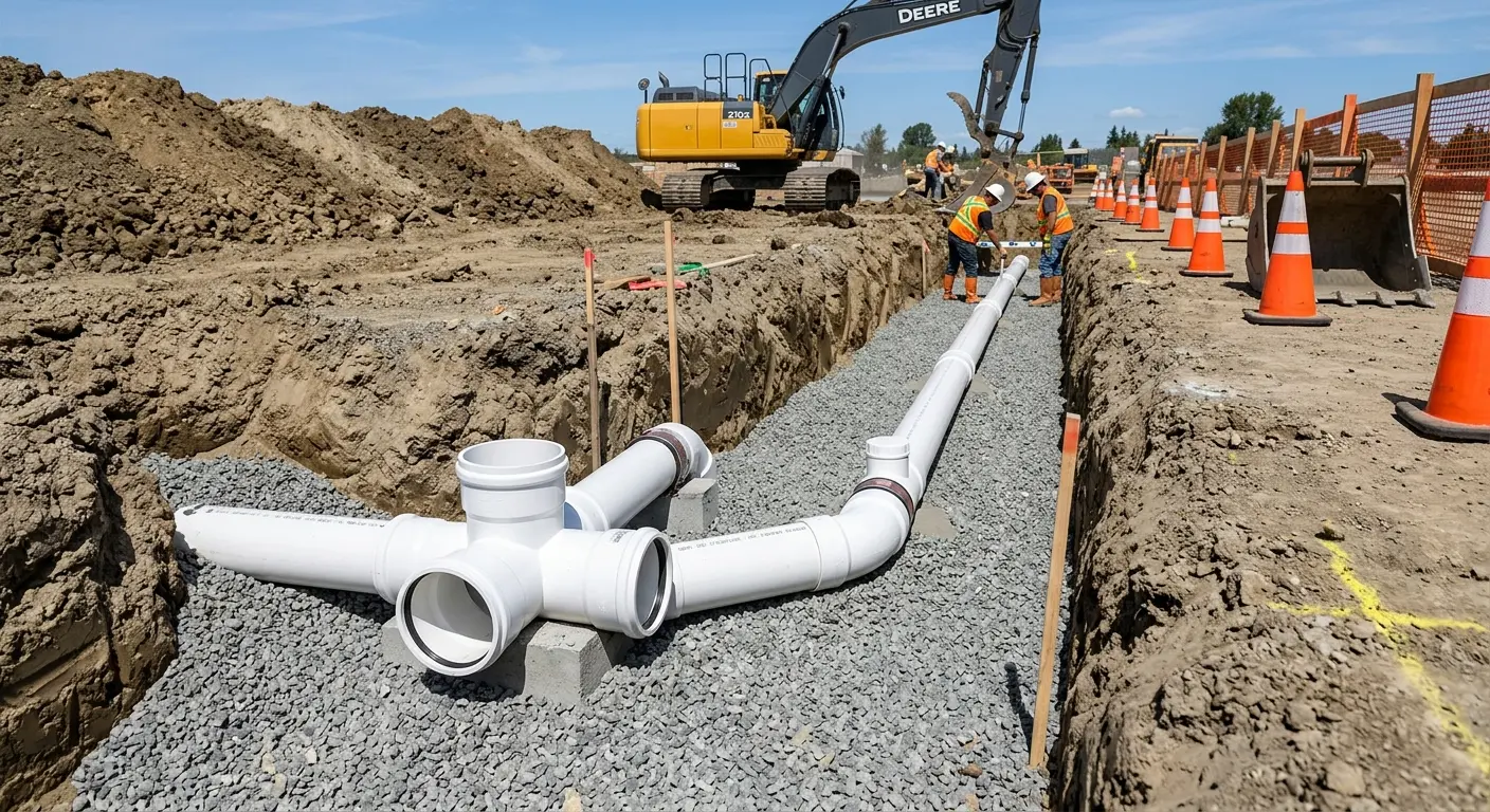 New PVC sewer pipe installation in open trench for Sewer Backup in Warrenton